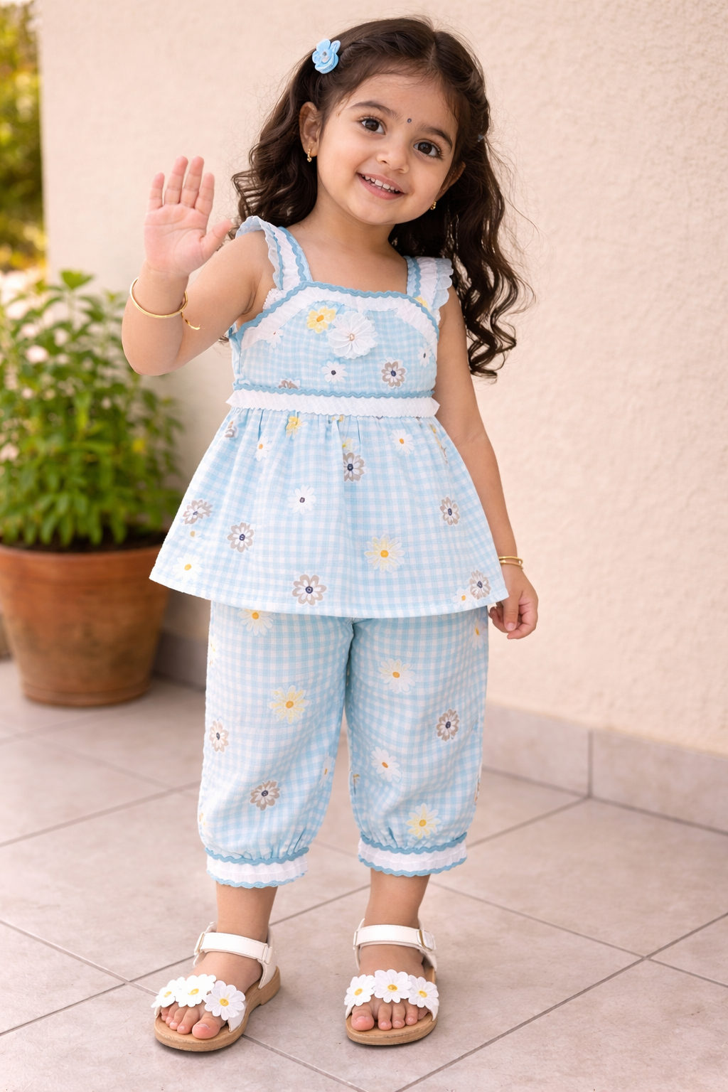 Girls Blue Floral Cotton Frock Style Co-ord Set