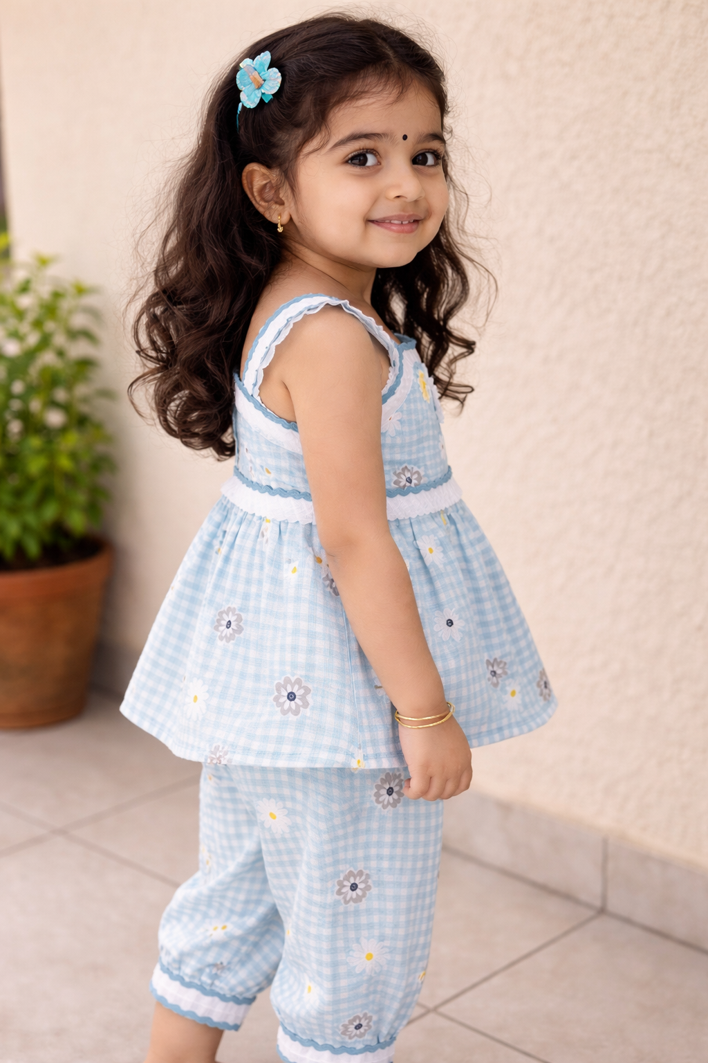 Girls Blue Floral Cotton Frock Style Co-ord Set