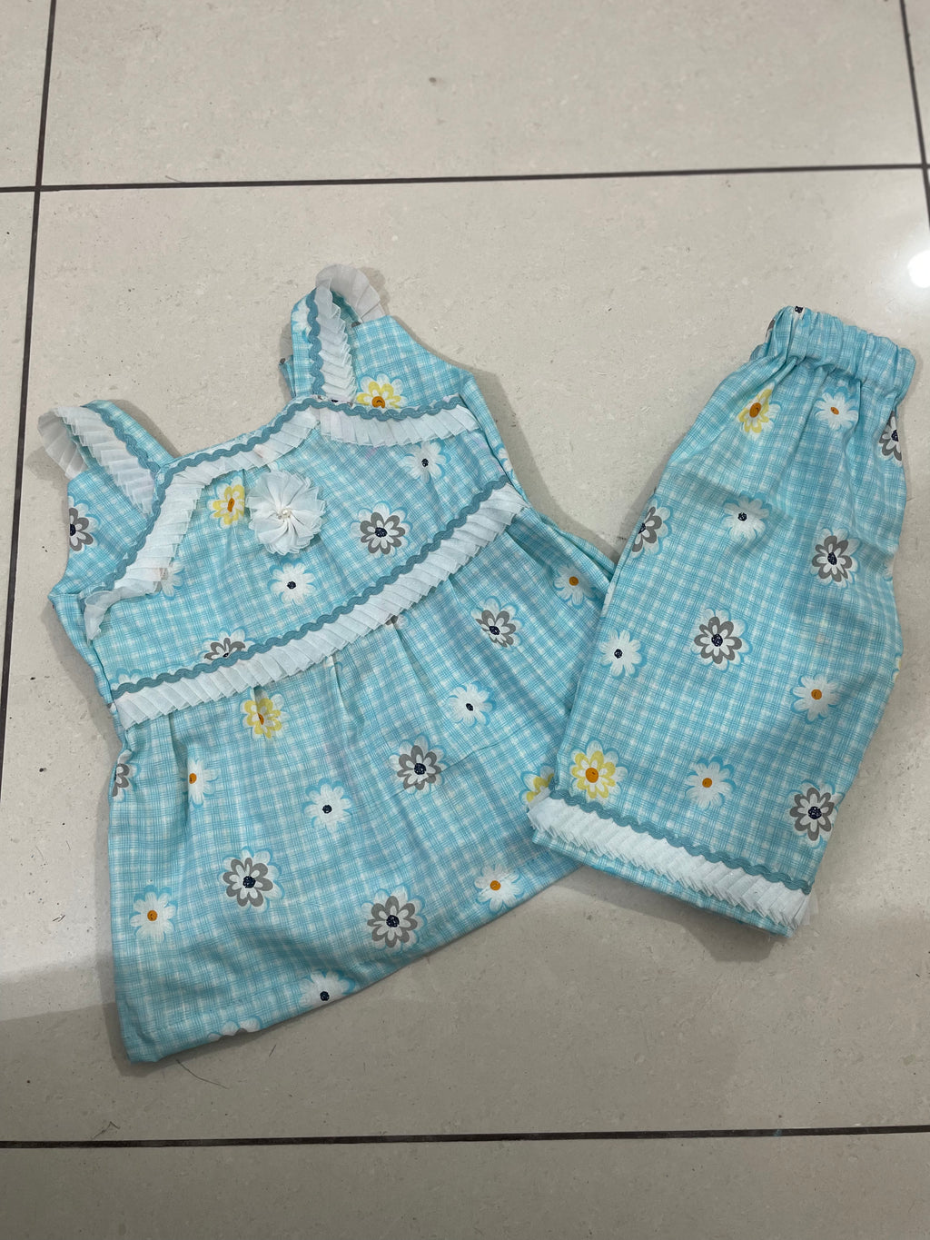 Girls Blue Floral Cotton Frock Style Co-ord Set